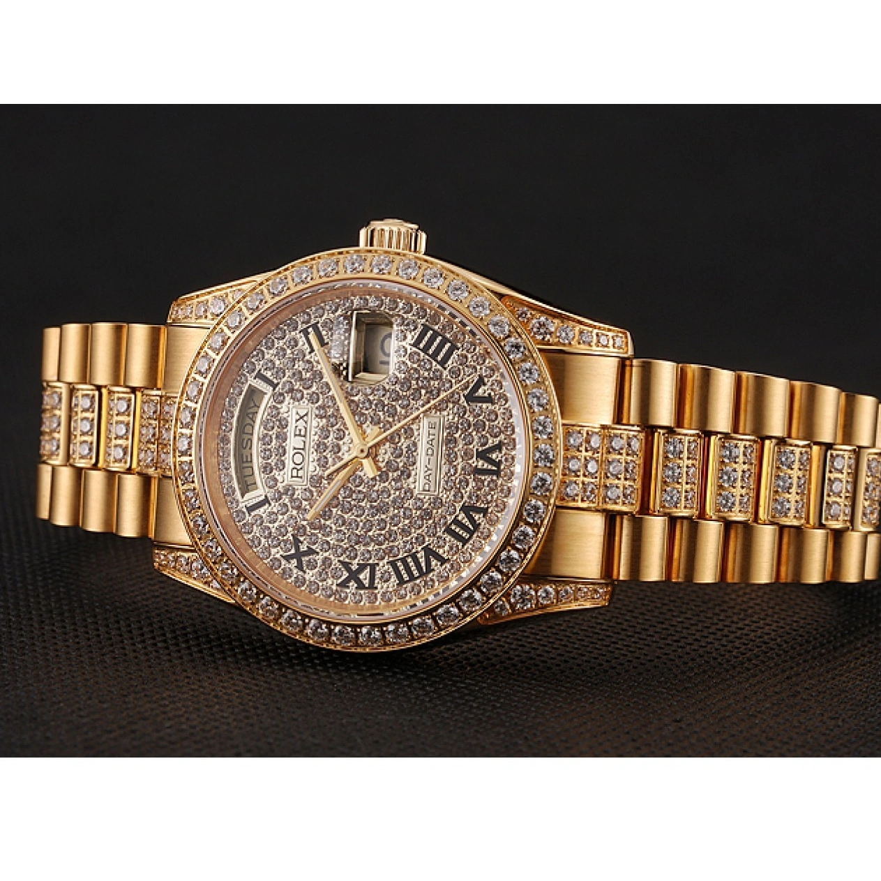 AAA Replica Watches Day-Date Swiss Bracelet Gold Rolex Pave Dial 1453956 Diamond Diamond 1014